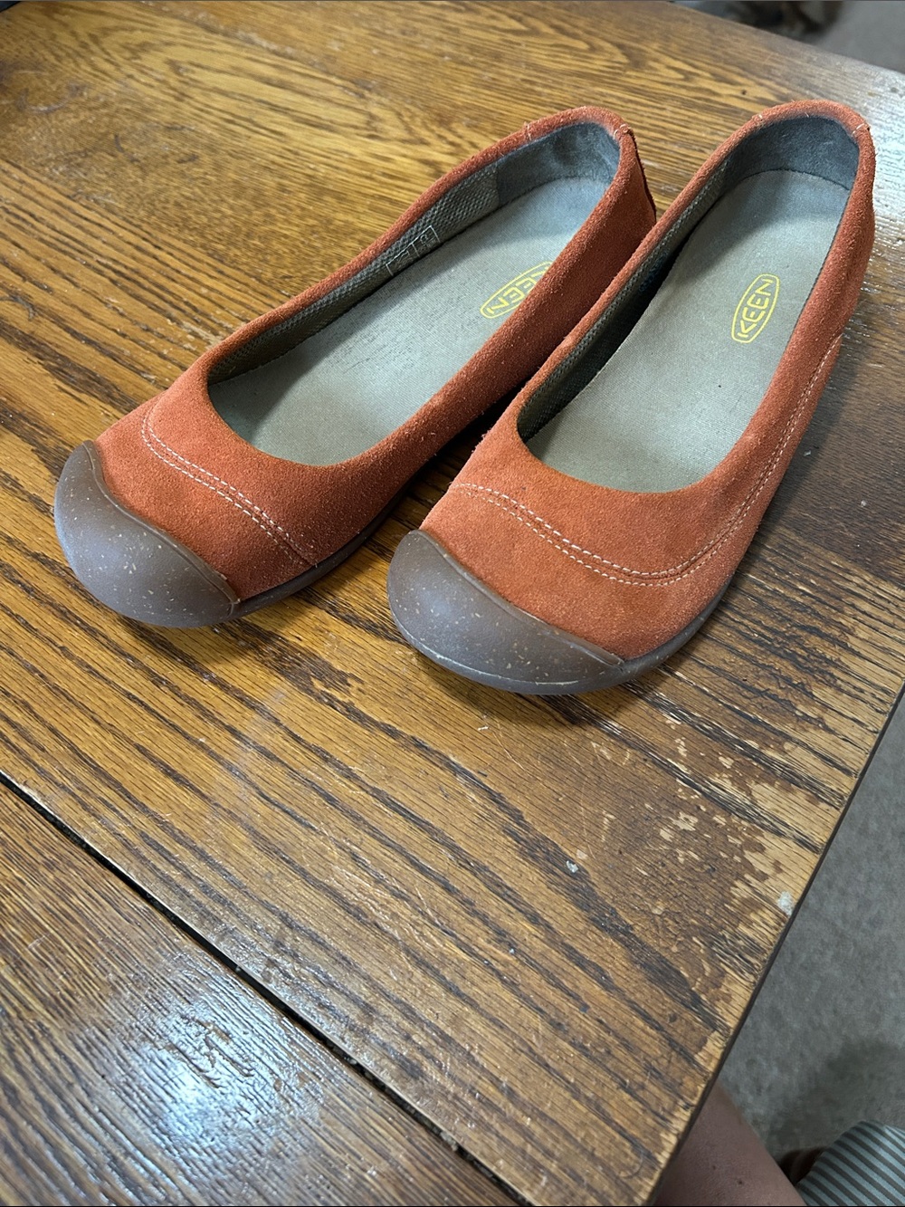 Keen Women's Burnt Orange Suede Slip-On Flats with Brown Toe
